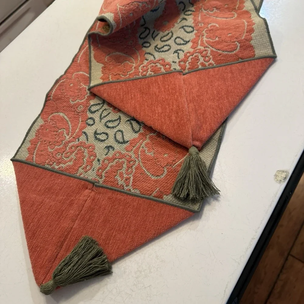 Table Runner With Tassels Coral Green Pink 69
